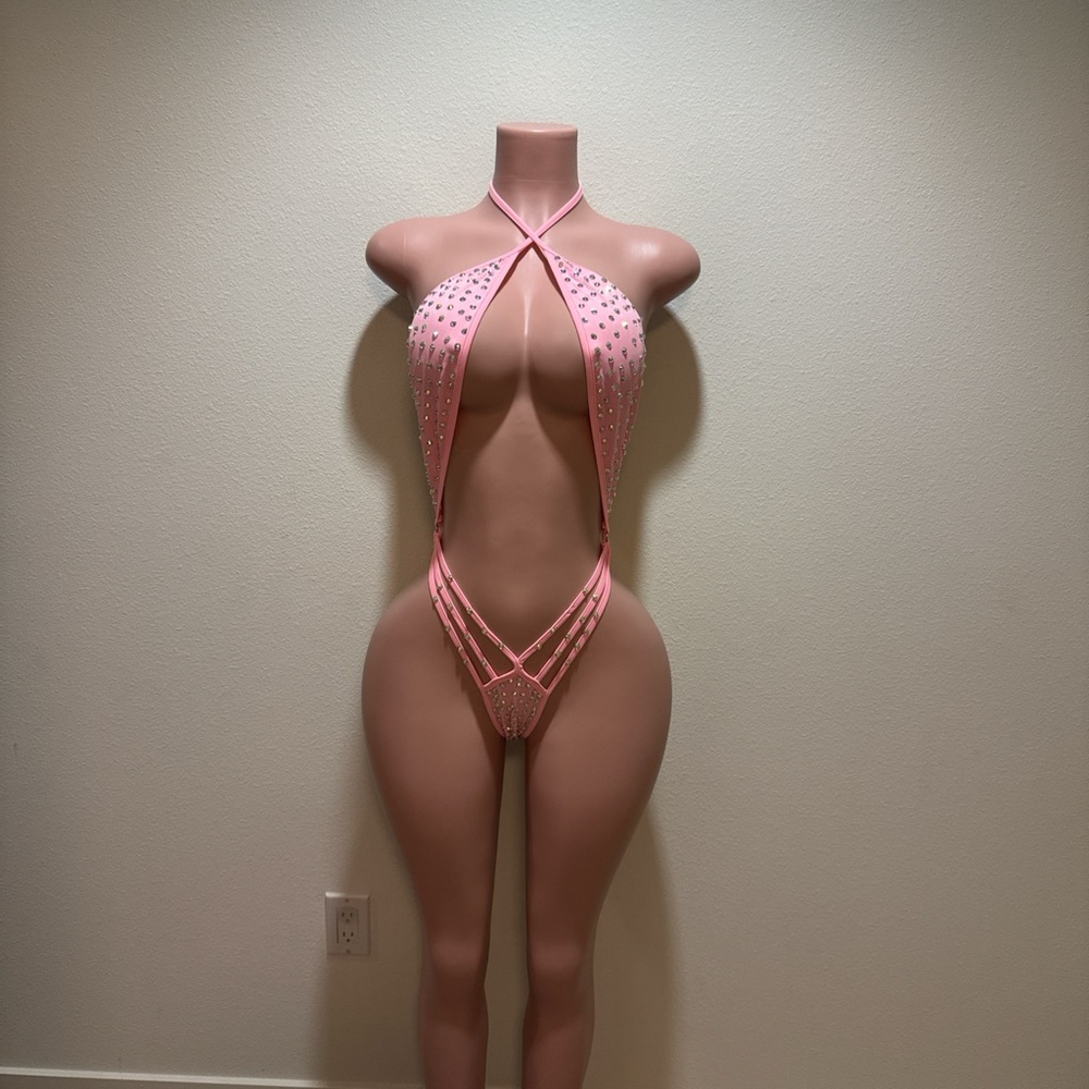 Pink Strappy Rhinestone Bodysuit